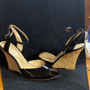 Black Patent Leather Wedge Sandals